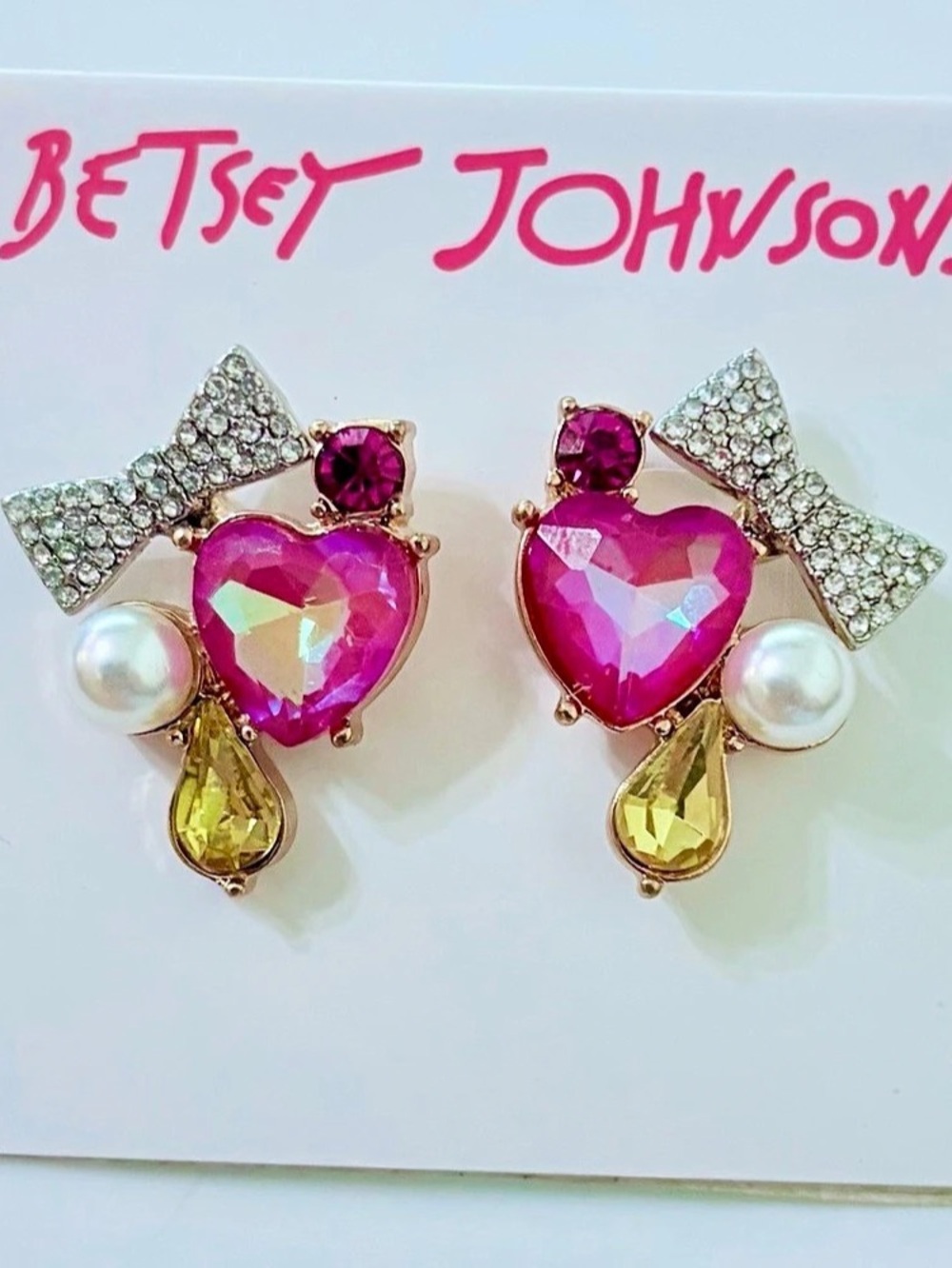 Betsey Johnson Pink Crystal Heart Bow Stud Earrings